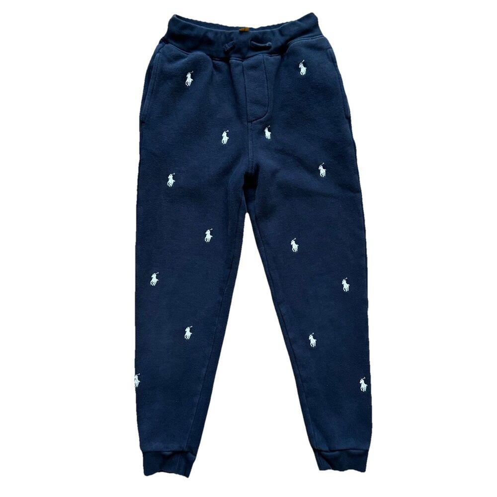 Polo Ralph Lauren Boys Small (8) Navy Blue Jogger Sweatpants All-Over Pony Logo